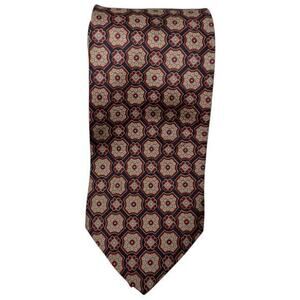 H Herzfeld New York Vintage Men’s Blue Tan Red Medallion Print Silk Neck Tie